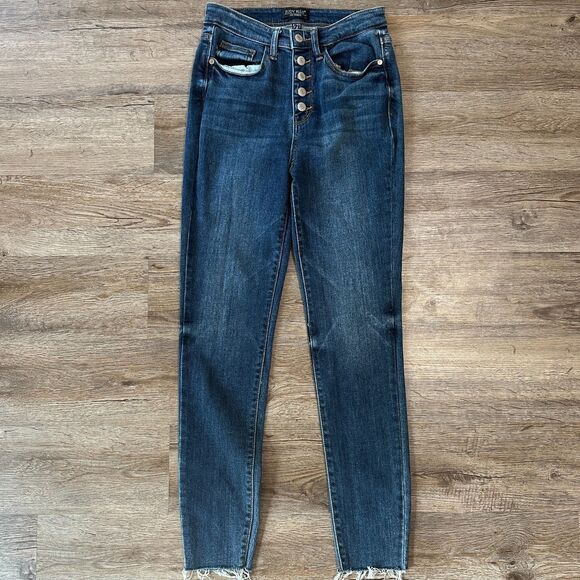 Judy Blue Button Fly Skinny Jeans Size 5/27 Dark Wash Raw Hem Womens High Rise - Picture 3 of 5